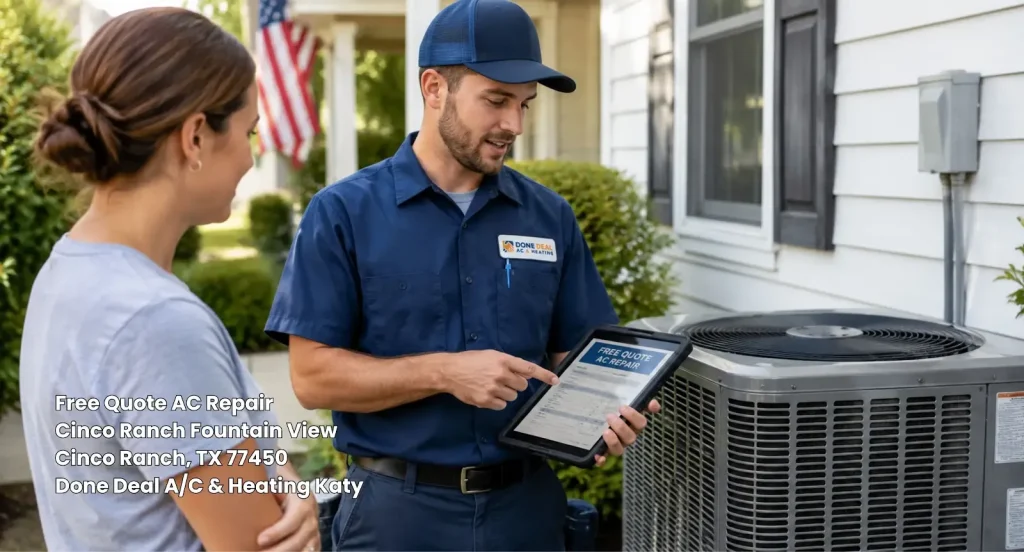 Technician showing tablet quote next to outdoor air condenser unit for a free quote AC repair Katy TX offer.