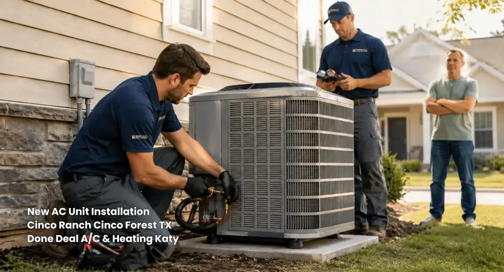 Technicians servicing an outdoor compressor during a new AC unit installation Katy TX with a homeowner observing.