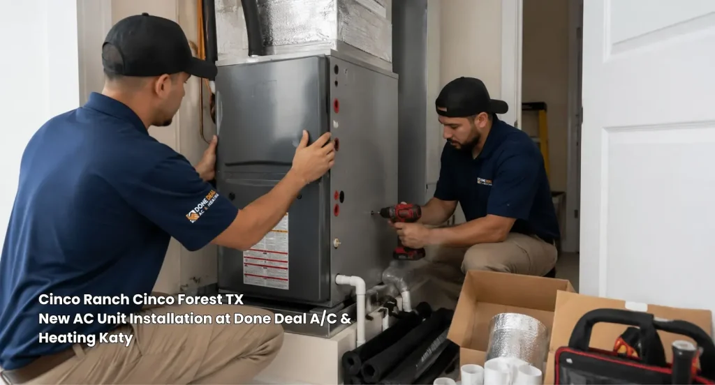 HVAC contractors securing an indoor air handler during a new AC unit installation Katy TX for optimal home cooling.