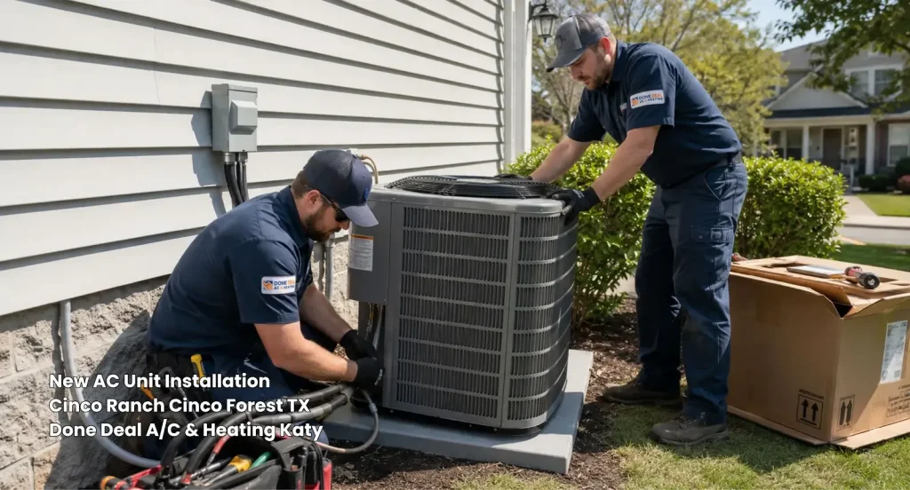 Two HVAC technicians completing a residential new AC unit installation Katy TX near Cinco Ranch Cinco Forest homes.