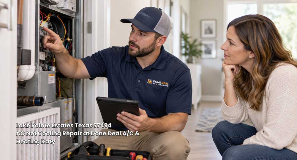 Technician inspecting an indoor air handler unit. Professional HVAC diagnosis and AC not cooling repair Katy TX.