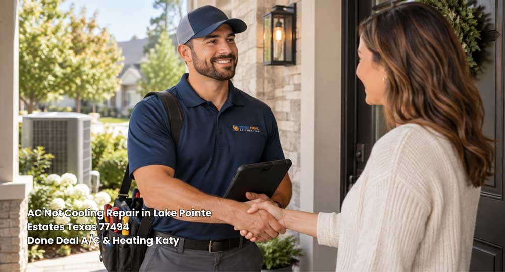 Friendly HVAC technician shaking hands with a homeowner at the front door. Fast AC not cooling repair Katy TX pros.