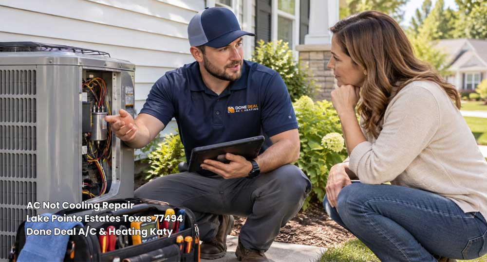 AC technician inspecting an outdoor unit with a Katy homeowner. Trusted local AC not cooling repair Katy TX service.