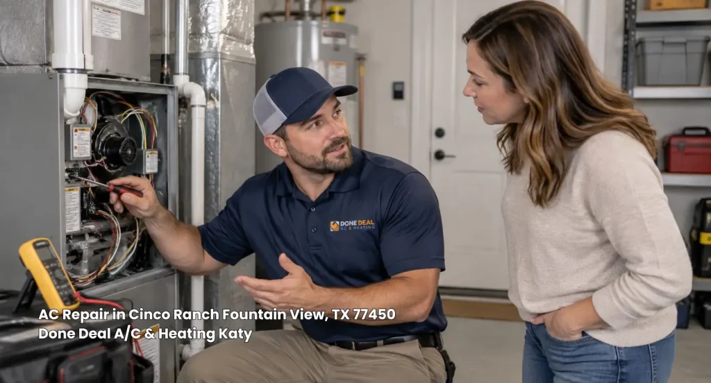 HVAC technician explaining indoor AC unit furnace repairs to a homeowner during an AC repair Katy TX service visit.