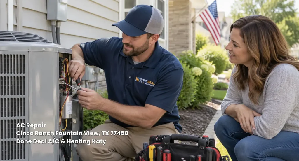 Experienced technician repairing an outdoor air conditioner condenser during a residential AC repair Katy TX service.