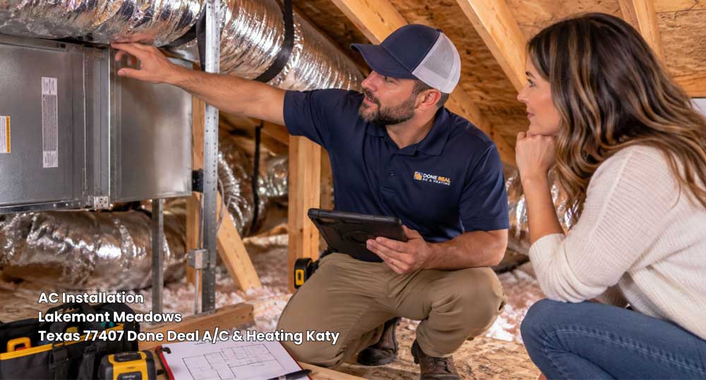 Professional technician inspecting home attic HVAC ductwork for AC installation Katy TX Lakemont Meadows residents.