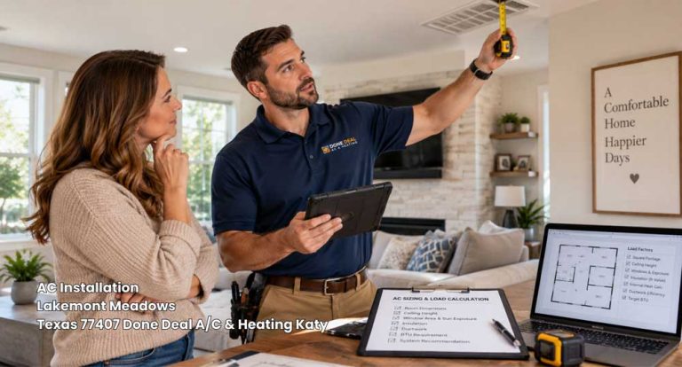 HVAC technician performing load calculation for proper AC installation Katy TX near Lakemont Meadows home living room.