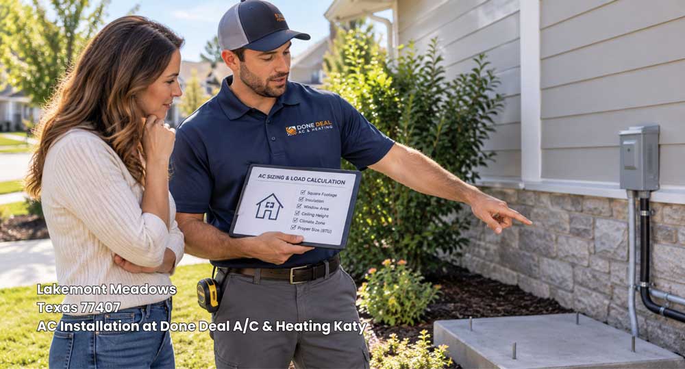 Done Deal A/C technician calculating sizing and load needs for AC installation Katy TX near Lakemont Meadows homes.
