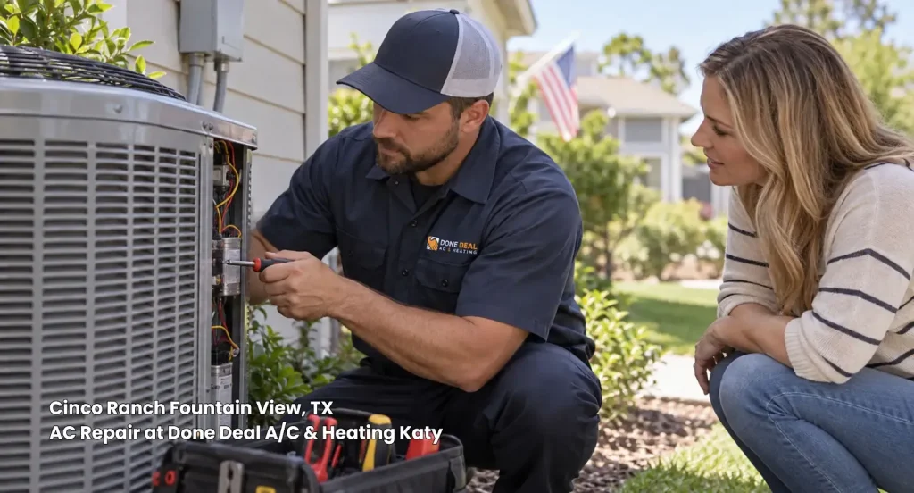 Professional technician fixing outdoor air conditioner unit for homeowner needing AC repair Katy TX in Cinco Ranch. 
