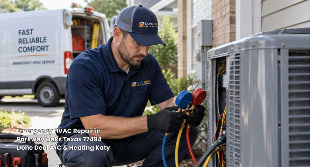 Professional technician using manifold gauges for emergency HVAC repair Katy TX on an outdoor AC condensing unit.