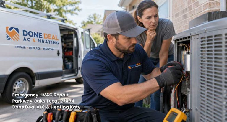 Technician providing emergency HVAC repair Katy TX on an outdoor AC unit while a homeowner observes near a service van.