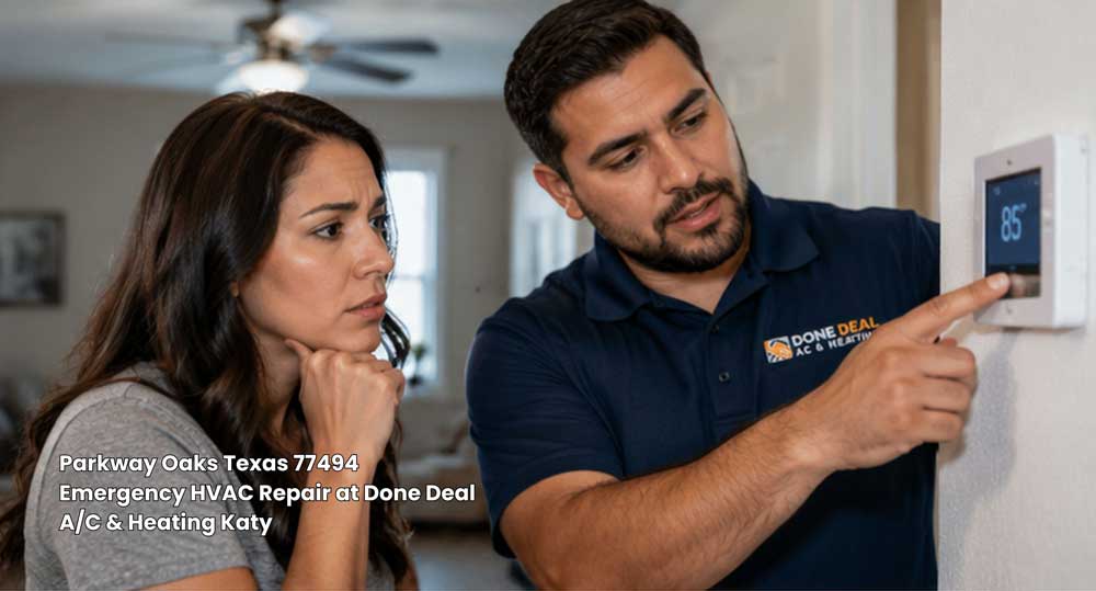 HVAC technician performing emergency HVAC repair Katy TX on a digital thermostat showing 85 degrees for a concerned homeowner.