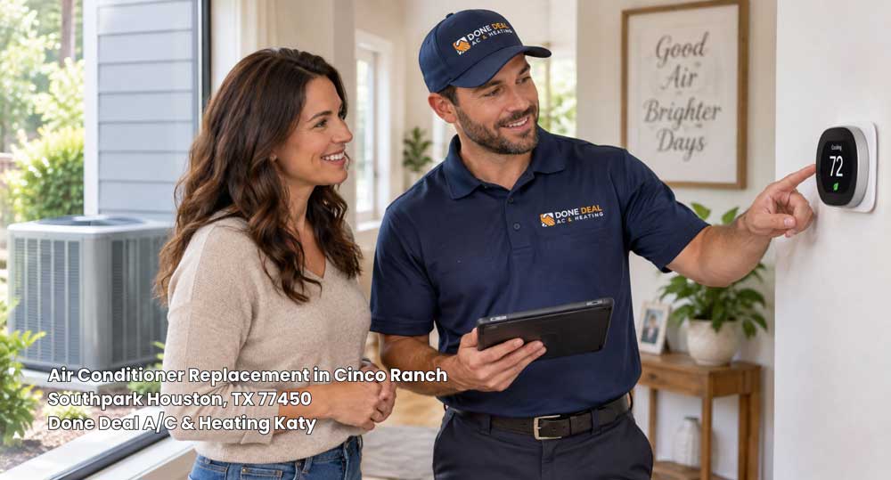 A technician adjusting a digital thermostat for a customer during an air conditioner replacement Katy TX service call.