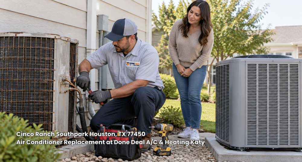 An HVAC technician disconnecting an old unit during an air conditioner replacement Katy TX service for a homeowner.