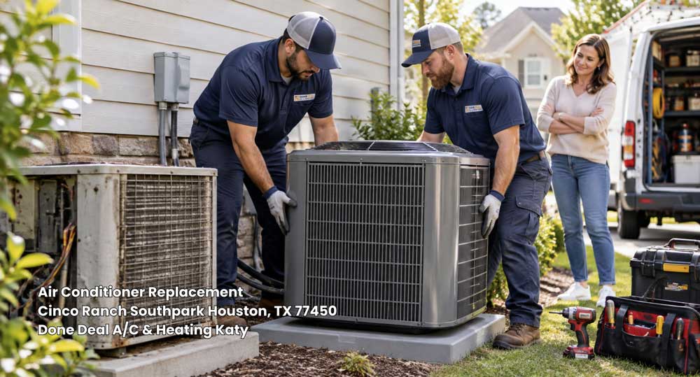 Two HVAC technicians installing a new outdoor unit for an air conditioner replacement Katy TX job as a customer watches.